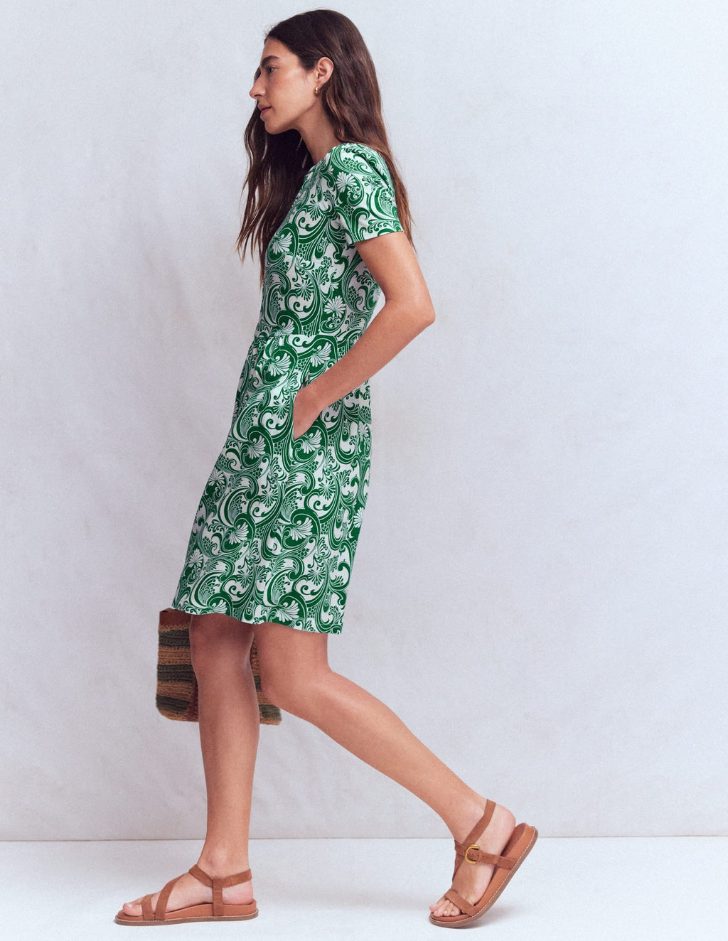 Naomi Short Sleeve Dress-Jewel Green, Foliage Whirl