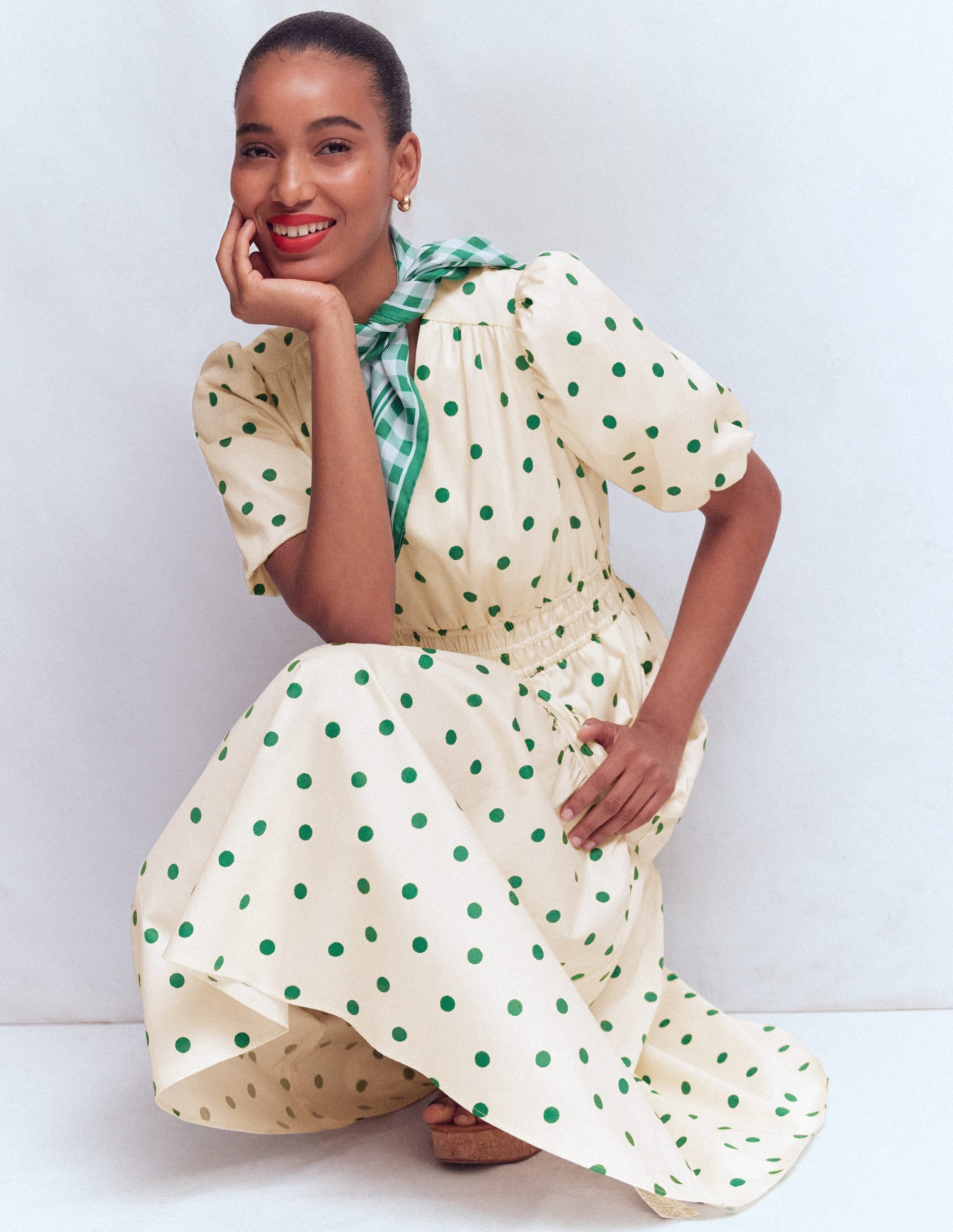 Irene Puff Sleeve Cotton Dress-Ivory Green Spot