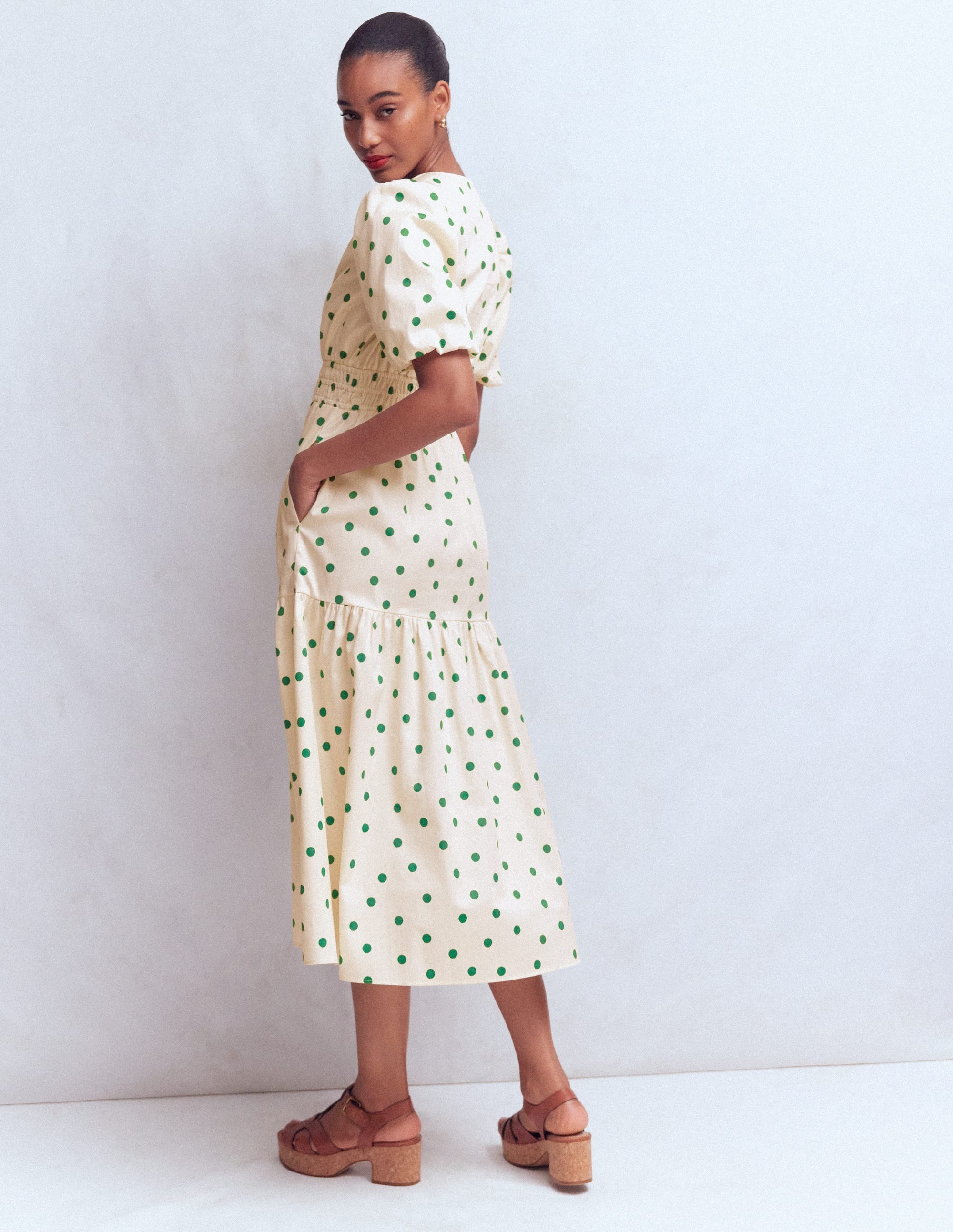 Irene Puff Sleeve Cotton Dress-Ivory Green Spot