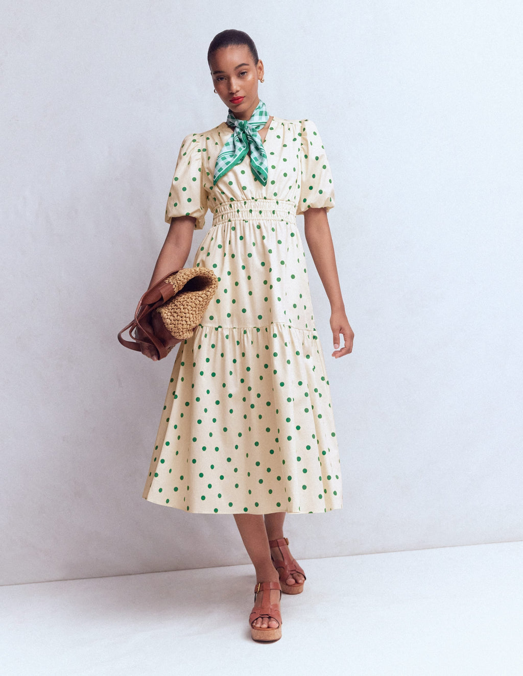 Irene Puff Sleeve Cotton Dress-Ivory Green Spot